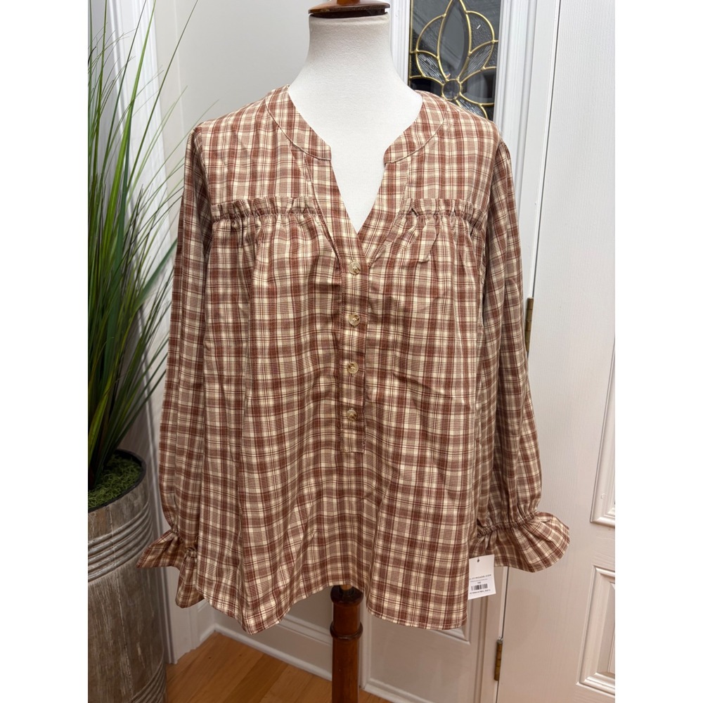 Haptics NWT Oversized Rust Oat Plaid Babydoll Blouse Small Boho Rustic Farmhouse